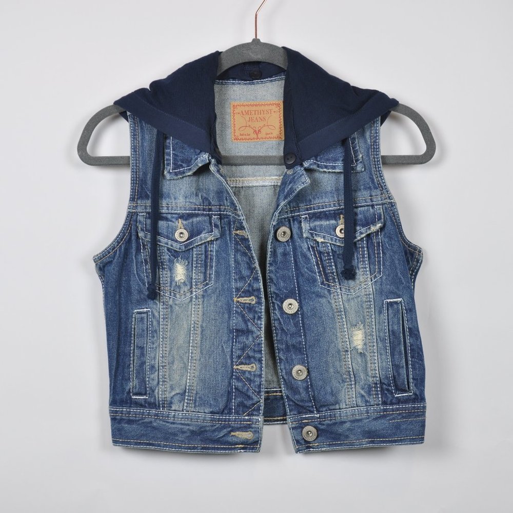 sleeveless denim jacket with hood